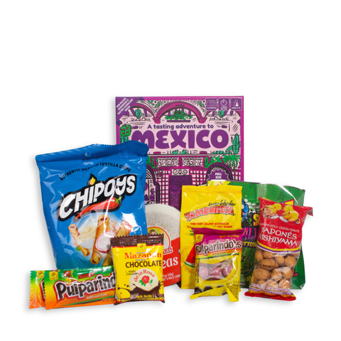 Assorted snack packages including Chipoy's, Niblets, and Pupariños with a colorful box labeled 'Tasting Adventure to Mexico' on a white background.