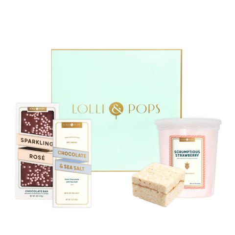 Lolli & Pops chocolate bars and a container of candy on a white background