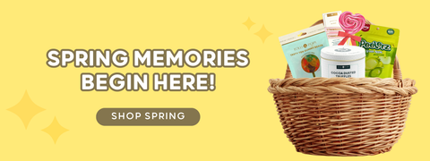 Basket with spring-themed items on a yellow background with promotional text.