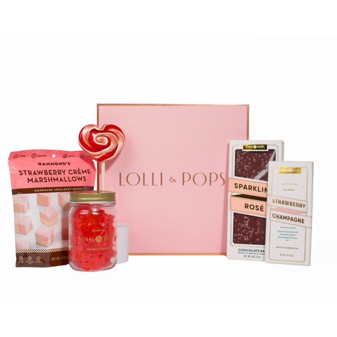 Collection of Lolli & Pops products including marshmallows, lollipop, and chocolate bars on a white background.